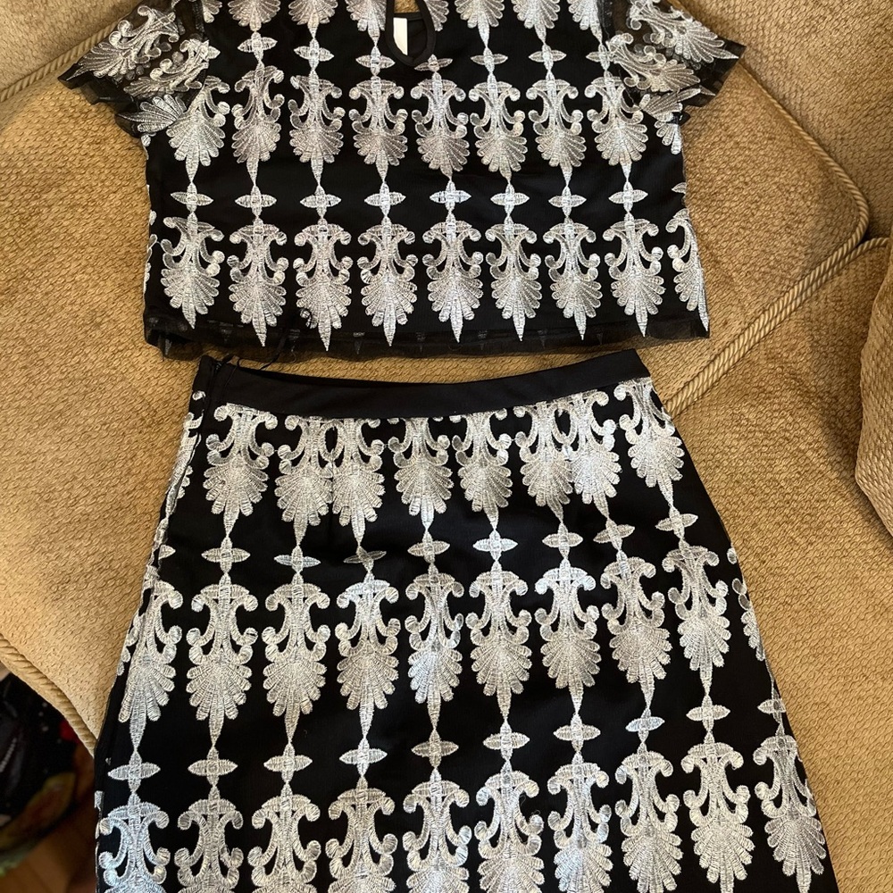 Elegant Black and Silver crop top Skirt Set